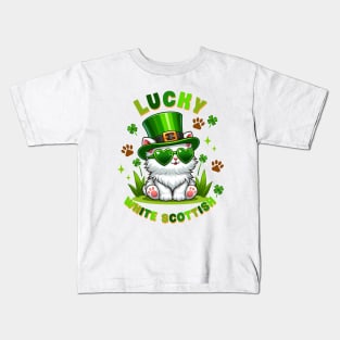 Lucky White Scottish Funny Cat St. Patricks Day Kids T-Shirt